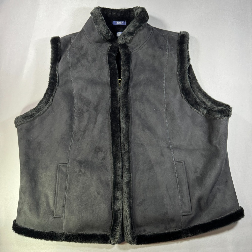Chaps Mens 3X Black Faux Suede Vest Faux Fur Lined Full Zip Sleeveless Jacket